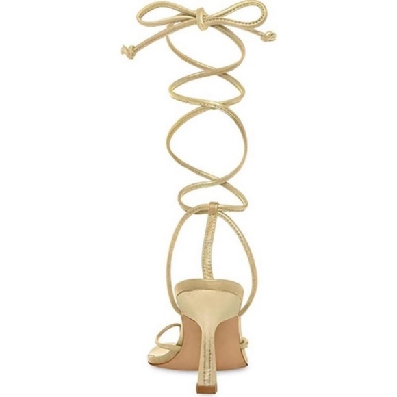Steve Madden Khari Heeled Sandal Wraparound Ankle Tie Gold Metallic Leather New - Picture 2 of 9